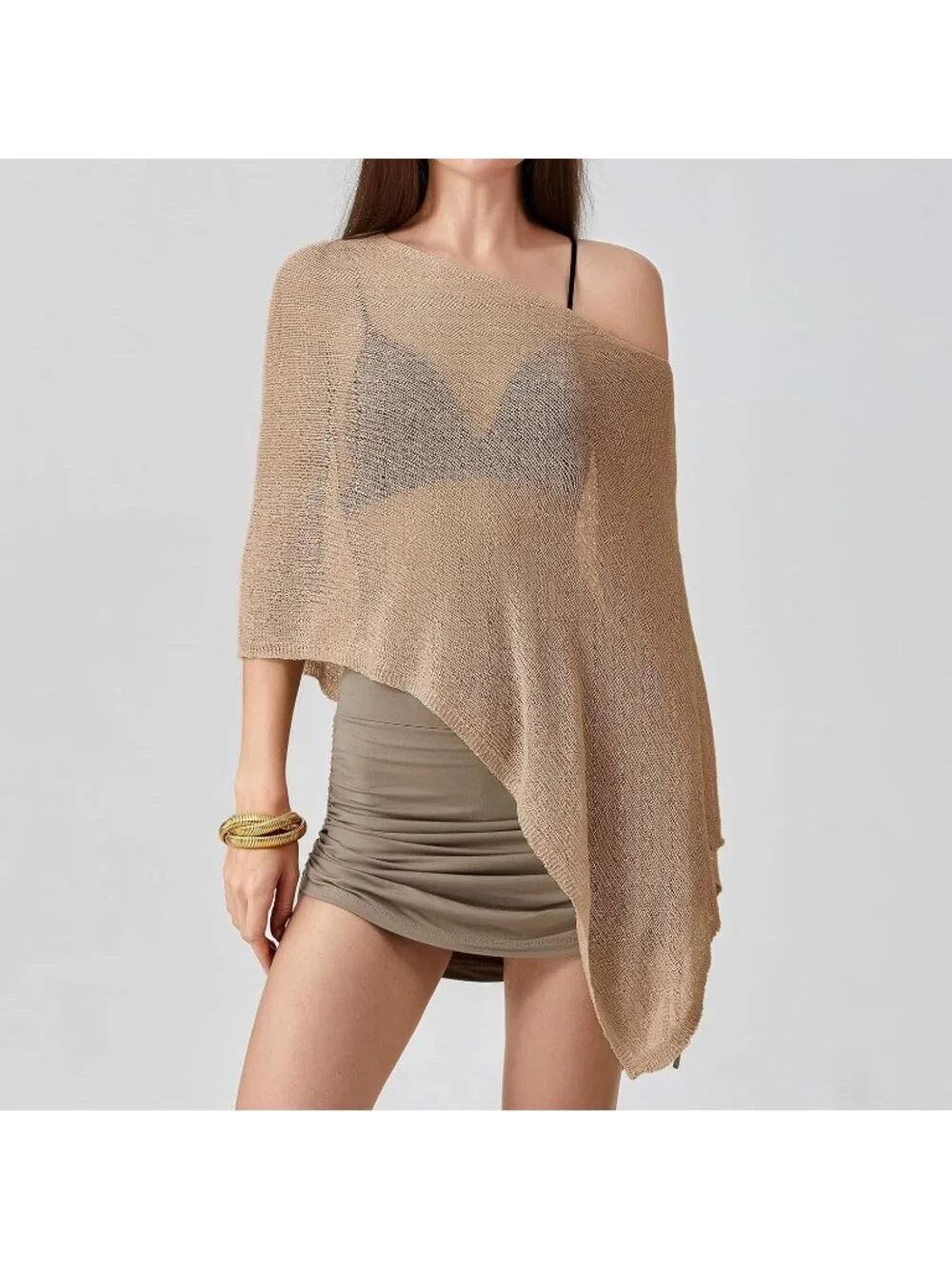 Women's Light Brown Sheer Poncho Top Knit Crochet Lightweight See Through Shawl